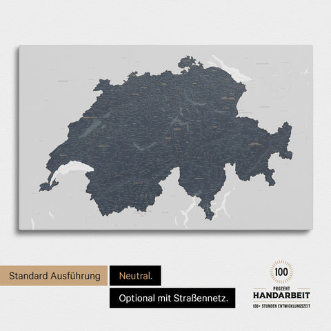 Neutrale und schlichte Standard-Ausführung einer Schweiz-Karte als Pinn-Leinwand in Treasure Gold