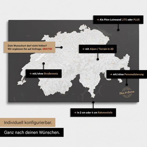 Vielfältige Konfigurationsmöglichkeiten einer Schweiz-Karte in Dunkelgrau