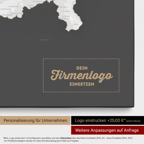 Schweiz-Karte als Pinn-Leinwand in Dunkelgrau mit Eindruck eines Firmenlogos