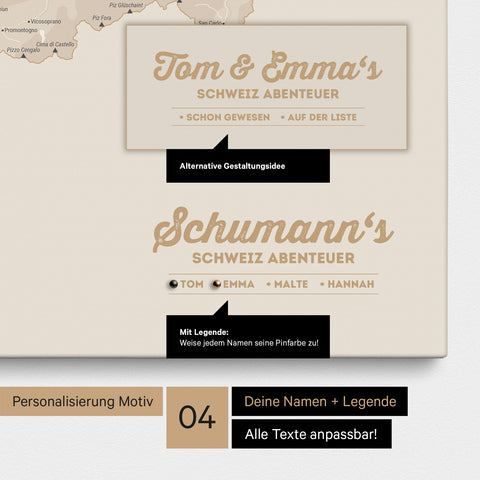 Pinnwand Leinwand einer Schweiz-Karte in Gold mit Personalisierung als Logo mit Familiennamen