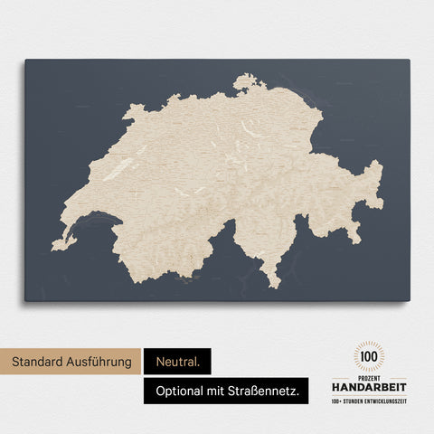 Neutrale und schlichte Standard-Ausführung einer Schweiz-Karte als Pinn-Leinwand in Treasure Hale Navy (Dunkelblau-Gold)