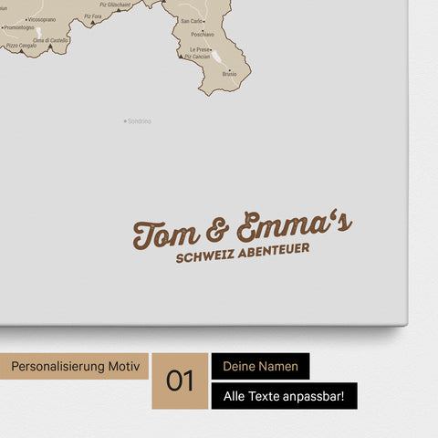 Schweiz-Karte als Pinnwand Leinwand in Multicolor Beige mit Personalisierung und Eindruck mit deinem Namen