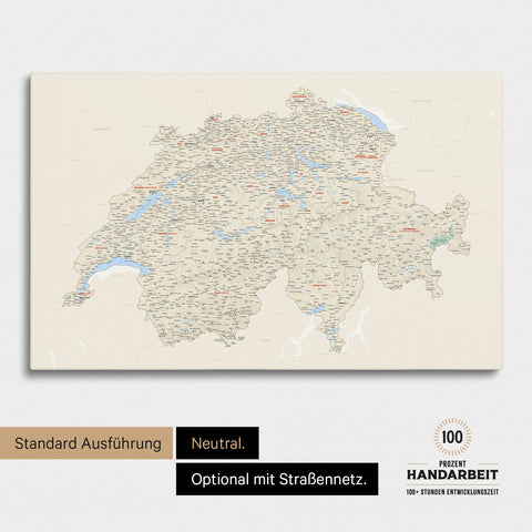 Neutrale und schlichte Standard-Ausführung einer Schweiz-Karte als Pinn-Leinwand in Multicolor Classic