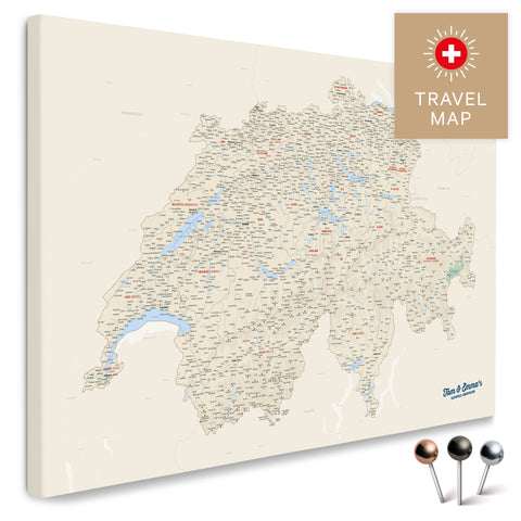 Schweiz-Landkarte in Multicolor Classic als Pinnwand Leinwand zum Pinnen und Markieren von Reisezielen kaufen