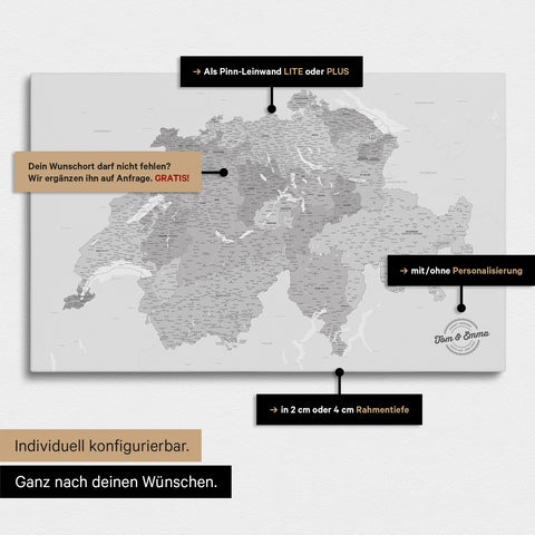 Vielfältige Konfigurationsmöglichkeiten einer Schweiz-Karte in Multicolor Grau