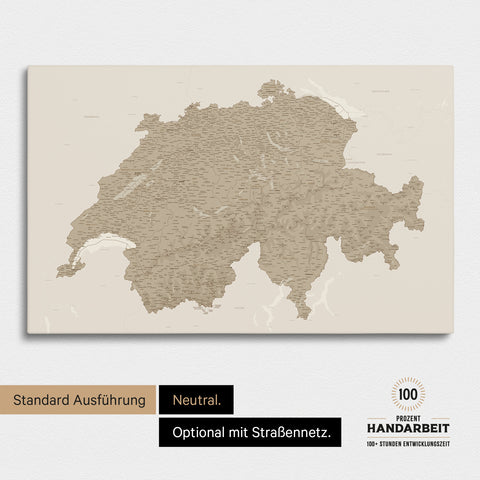 Neutrale und schlichte Standard-Ausführung einer Schweiz-Karte als Pinn-Leinwand in Treasure Gold