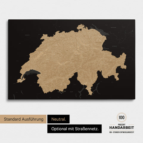 Neutrale und schlichte Standard-Ausführung einer Schweiz-Karte als Pinn-Leinwand in Treasure Sonar-Black