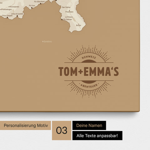 Schweiz-Karte als Pinn-Leinwand in Treasure Gold mit eingedruckten Namen als Logo in Form einer Sonne