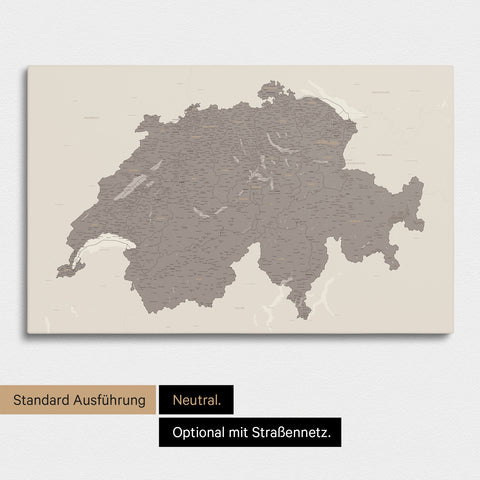 Neutrale und schlichte Standard-Ausführung einer Schweiz-Karte als Pinn-Leinwand in Treasure Warmgray (Braun-Grau)