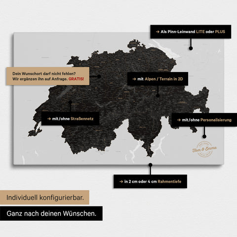 Vielfältige Konfigurationsmöglichkeiten einer Schweiz-Karte in Light Black