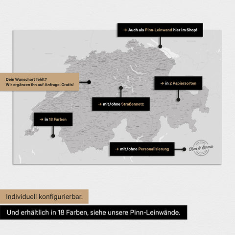 Verschiedene Konfigurationsmöglichkeiten für ein individuelles Poster einer Schweiz-Karte