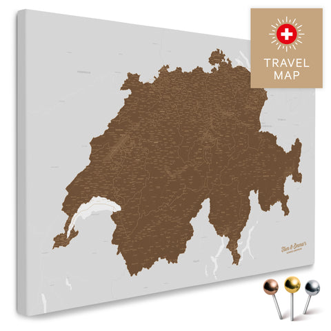 Schweiz-Landkarte in Braun als Pinnwand Leinwand zum Pinnen und Markieren von Reisezielen kaufen
