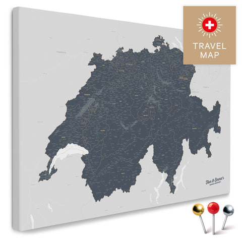 Schweiz-Landkarte in Denim Blue als Pinnwand Leinwand zum Pinnen und Markieren von Reisezielen kaufen