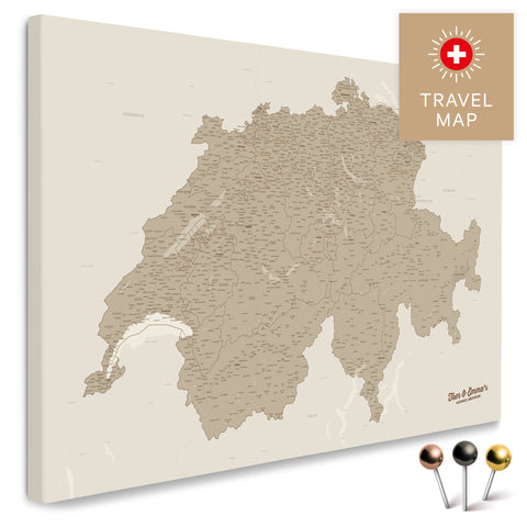 Schweiz-Landkarte in Desert Sand (Beige) als Pinnwand Leinwand zum Pinnen und Markieren von Reisezielen kaufen