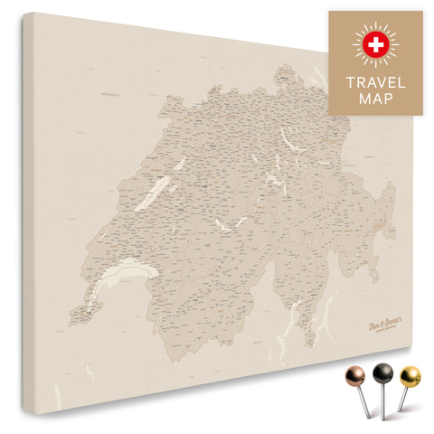 Schweiz-Landkarte in Gold als Pinnwand Leinwand zum Pinnen und Markieren von Reisezielen kaufen
