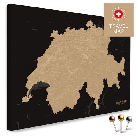 Schweiz-Landkarte in Sonar-Black als Pinnwand Leinwand zum Pinnen und Markieren von Reisezielen kaufen