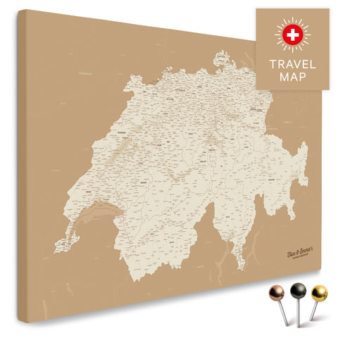 Schweiz-Landkarte in Treasure Gold als Pinnwand Leinwand zum Pinnen und Markieren von Reisezielen kaufen