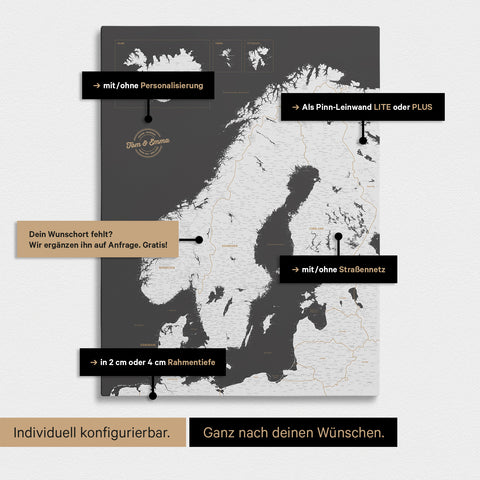 Konfigurationsmöglichkeiten einer Skandinavien-Landkarte als Pinn-Leinwand in Dunkelgrau
