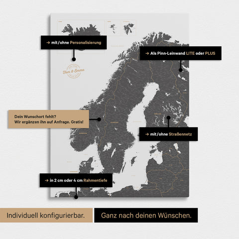 Konfigurationsmöglichkeiten einer Skandinavien-Landkarte als Pinn-Leinwand in Grau