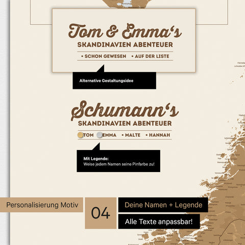 Magnetboard Skandinavien-Karte mit Personalisierung als Logo mit Familiennamen