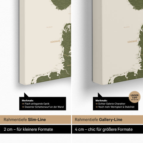 Skandinavien-Karte TRAVEL® Pinn-Leinwand – Olive Green