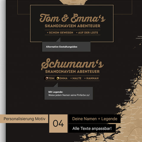 Pinnwand Leinwand einer Skandinavien-Karte in Sonar Black mit Personalisierung als Logo mit Familiennamen