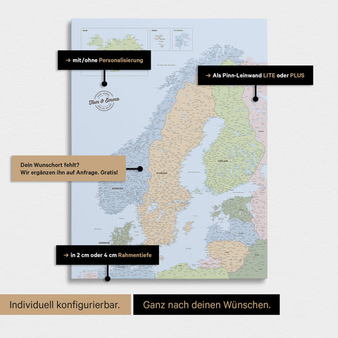 Konfigurationsmöglichkeiten einer politischen Skandinavien-Landkarte als Pinn-Leinwand in Multicolor Atlas