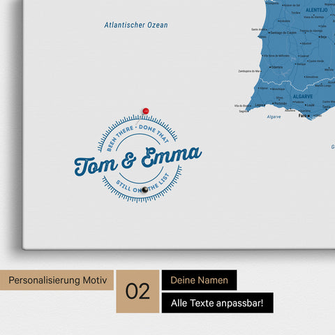 Spanien- & Portugal-Karte Pinn-Leinwand in Blau mit Personalisierung als rundes Logo, das eine Legende für bereits besuchte Reiseziele im Rundtext beinhaltet