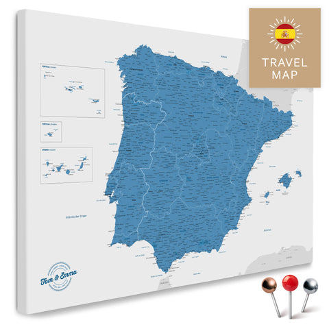 Map of Spain and Portugal in blue color with a modern, simple design as a canvas for pinning travels and places