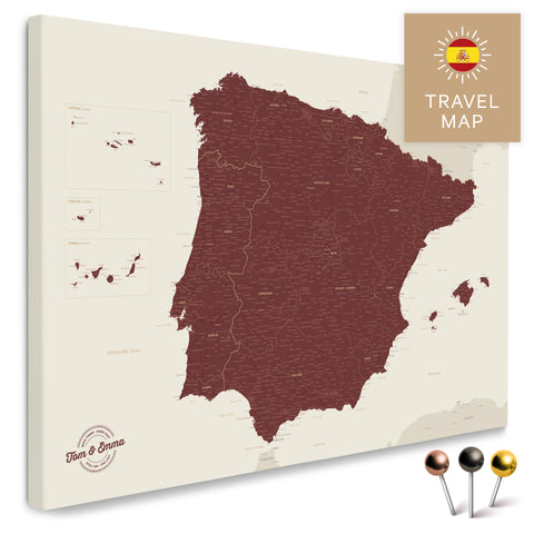 Map of Spain and Portugal in burgundy red in a modern, minimalist design as a canvas for pinning travels and places