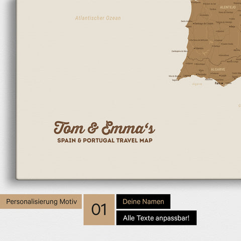 Landkarte von Spanien- & Portugal als Pinnwand Leinwand in Bronze mit Personalisierung und Namen in einer modernen Schreibschrift