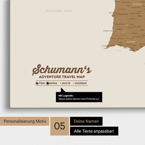 Spanien- & Portugal-Karte als Leinwand in Bronze mit Personalisierung als Logo mit Familiennamen und Legende für Orte, die man bereits besucht hat und noch besuchen möchte