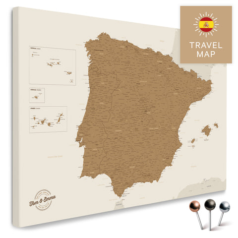 Spain & Portugal map in bronze color in a modern, minimalist design as a canvas for pinning travels and places