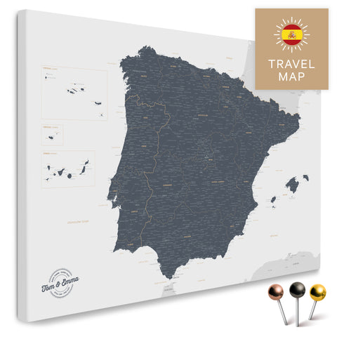 Spain & Portugal map in the color Denim Blue in a modern, simple design as a canvas for pinning travels and places