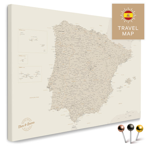 Map of Spain and Portugal in gold color in a modern, simple design as a canvas for pinning travels and places