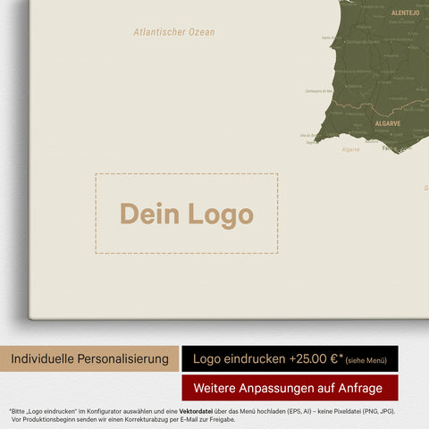 Spanien & Portugal-Karte TRAVEL® Pinn-Leinwand – Olive Green