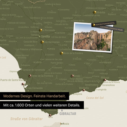 Spanien- & Portugal Landkarte in Oliv-Grün als Leinwand zum Pinnen zeigt einen Ausschnitt der Costa del Sol mit vielen Details wie Nationalparks, Flüssen und zahlreichen kleinen Orten und Städten, die mit Pins markiert sind