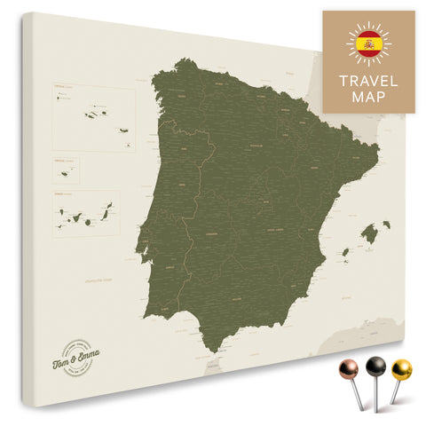 Spain & Portugal map in olive green color in a modern, minimalist design as a canvas for pinning travels and places