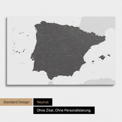 Neutrale Standard Ausführung der detaillierten Spanien- & Portugal-Karte als Pinnwand Leinwand in Light Gray ohne Personalisierung