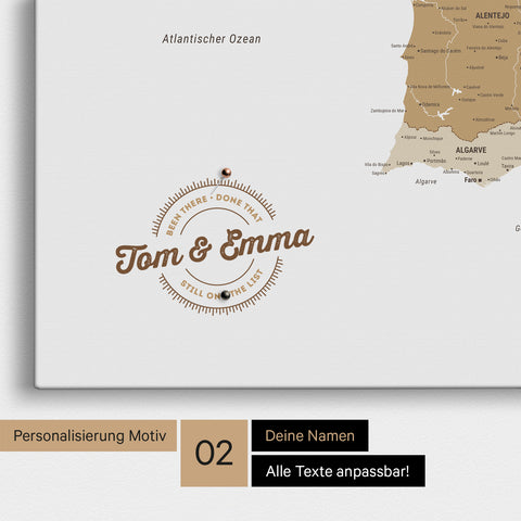 Spanien- & Portugal-Karte Pinn-Leinwand in Multicolor Beige mit Personalisierung als rundes Logo, das eine Legende für bereits besuchte Reiseziele im Rundtext beinhaltet