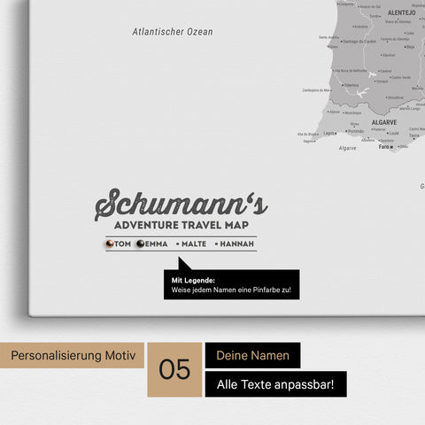 Spanien- & Portugal-Karte als Leinwand in Multicolor Grau mit Personalisierung als Logo mit Familiennamen und Legende für Orte, die man bereits besucht hat und noch besuchen möchte