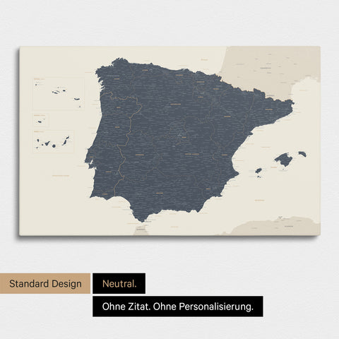 Neutrale Standard Ausführung der detaillierten Spanien- & Portugal-Karte als Pinnwand Leinwand in Navy Light ohne Personalisierung