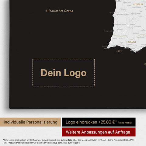 Spanien & Portugal-Karte TRAVEL® Pinn-Leinwand – Dark Black (Schwarz-Weiß)
