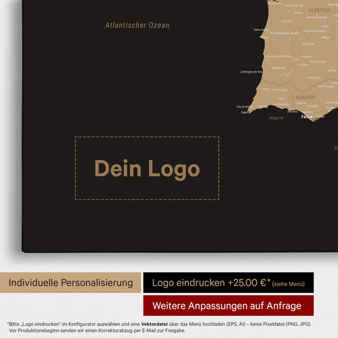 Spanien & Portugal-Karte TRAVEL® Pinn-Leinwand – Sonar Black