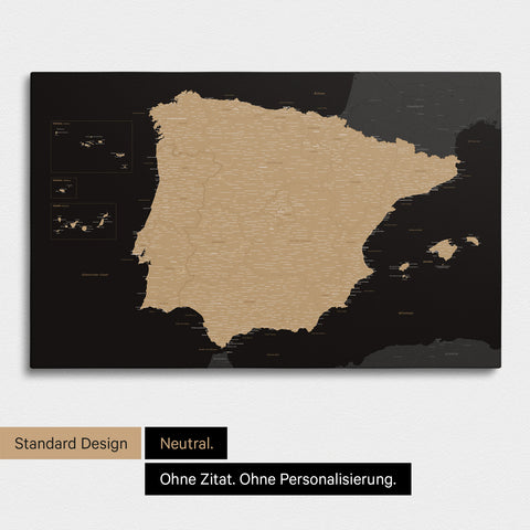 Neutrale Standard Ausführung der detaillierten Spanien- & Portugal-Karte als Pinnwand Leinwand in Sonar Black ohne Personalisierung