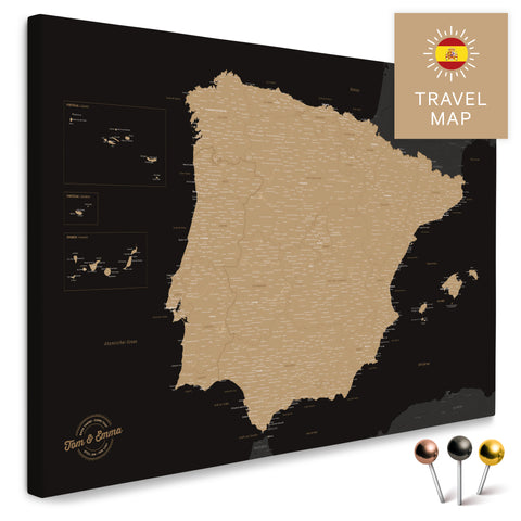 Spain & Portugal map in the color Sonar Black in a modern, minimalist design as a canvas for pinning travels and places