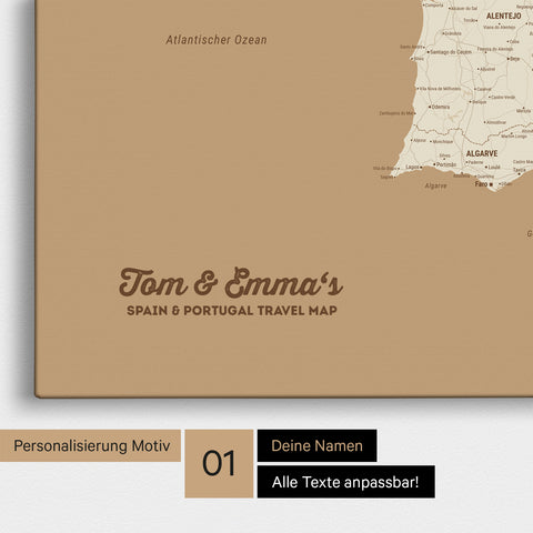 Landkarte von Spanien- & Portugal als Pinnwand Leinwand in Treasure Gold mit Personalisierung und Namen in einer modernen Schreibschrift