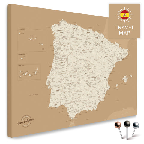 Map of Spain & Portugal in the color Treasure Gold in a modern, minimalist design as a canvas for pinning travels and places