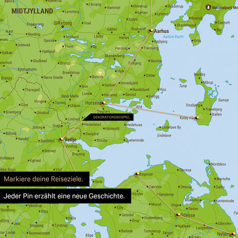Detailed topographic map of Denmark as a pinboard canvas in Multicolor Topo, featuring travel destinations in Central Jutland marked with pins and a travel route depicted with string