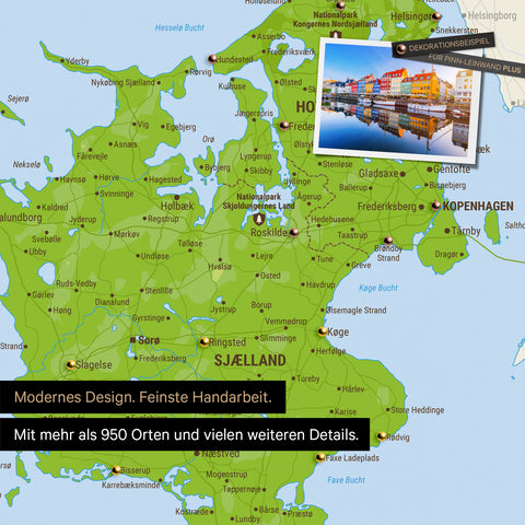 Detail of a topographic Denmark Push Pin Map in Multicolor Topo, showing travel destinations around Copenhagen marked with pins